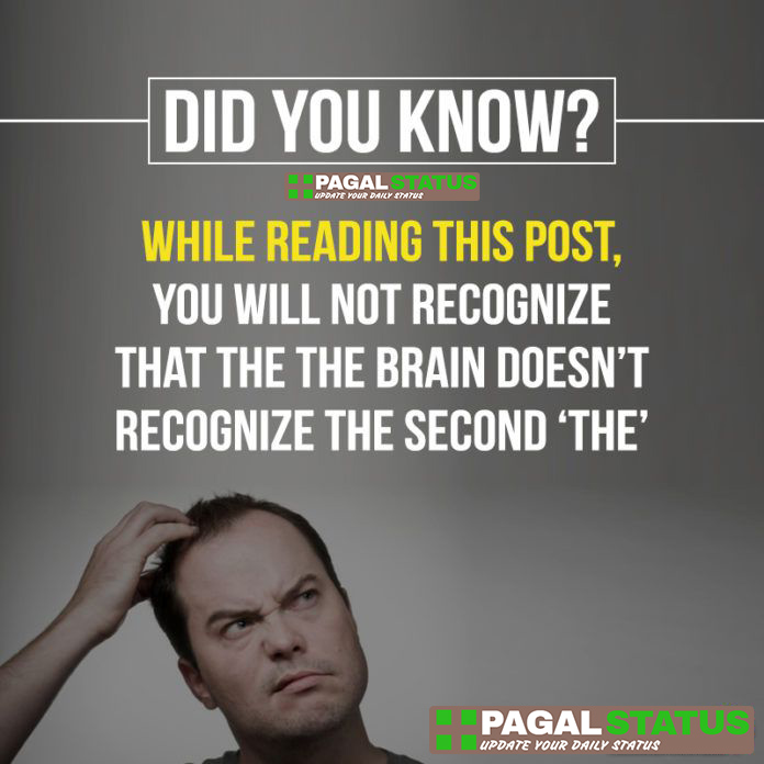 did you know? while reading this post, you will not recognize that the the brain doesn't recognize the second 'the',  Interesting Whatsapp Status